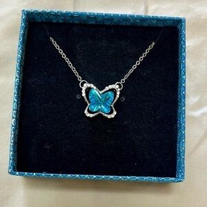 Silver Tone Blue Crystal Butterfly Pendant Chain Choker